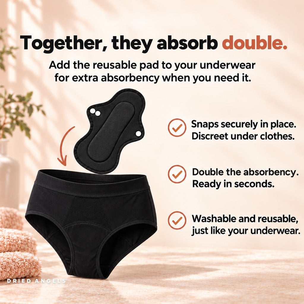 Snap the Dried Angels reusable pad into the panty for extra absorbency when you need it
