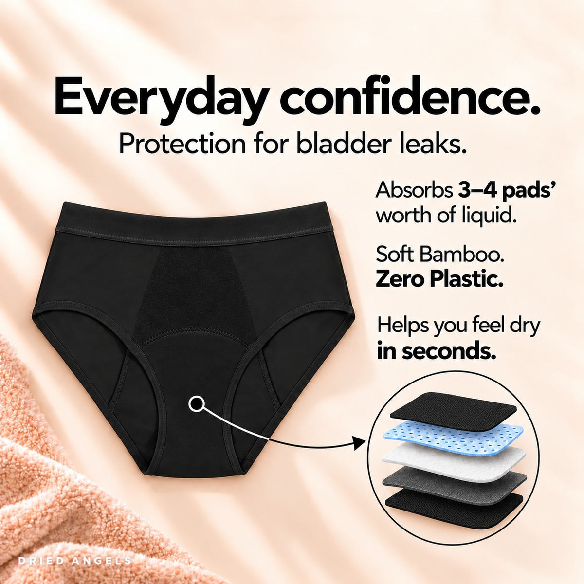 Dried Angels leak protection panty: absorbs 3 to 4 pads' worth of liquid, PFAS-free bamboo, feels dry in seconds