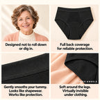 Dried Angels panty details: does not roll down, full back coverage, smooths the tummy, soft around the legs