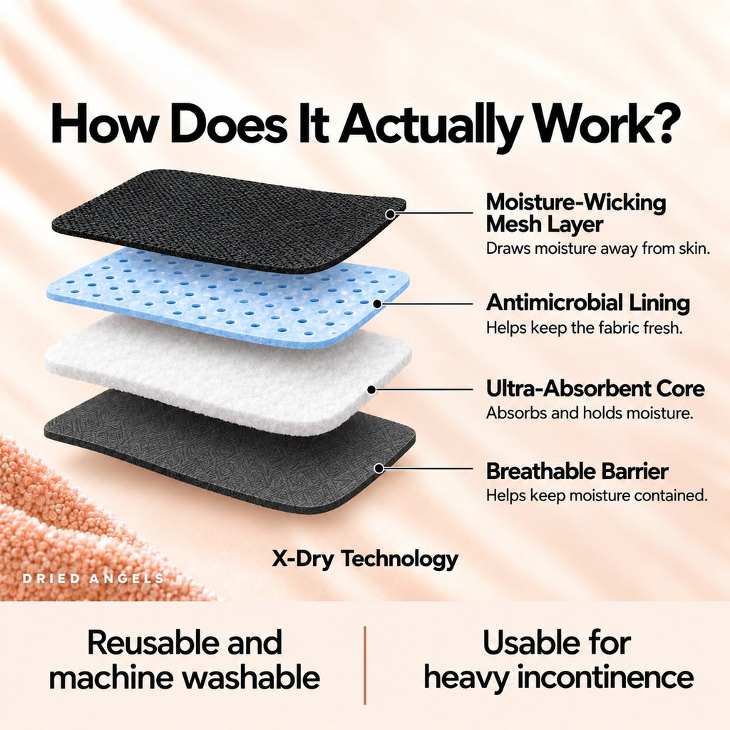 How the Dried Angels panty works: 5-layer absorbent core, reusable and machine washable