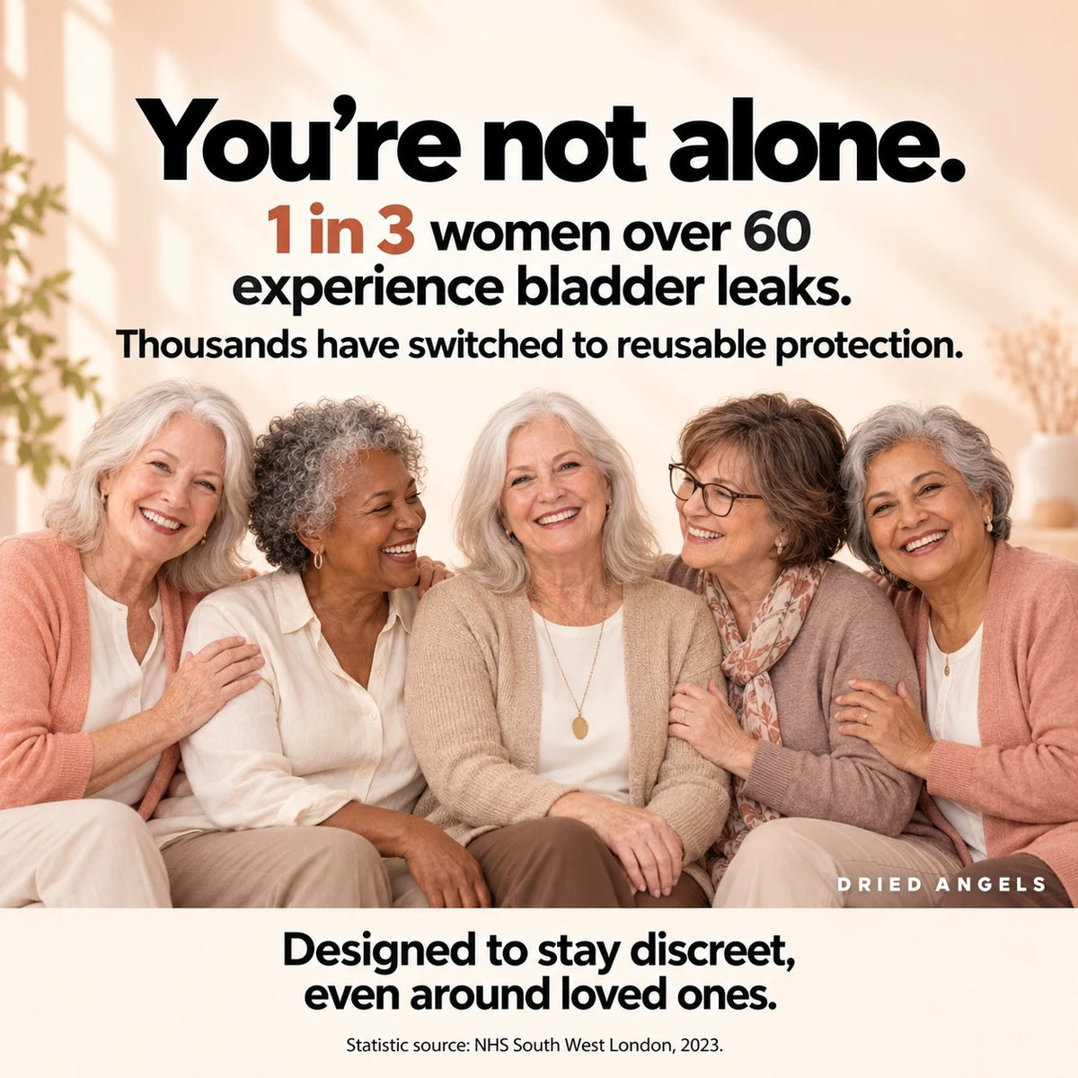 Five smiling women in their sixties: 1 in 3 women over 60 experience bladder leaks
