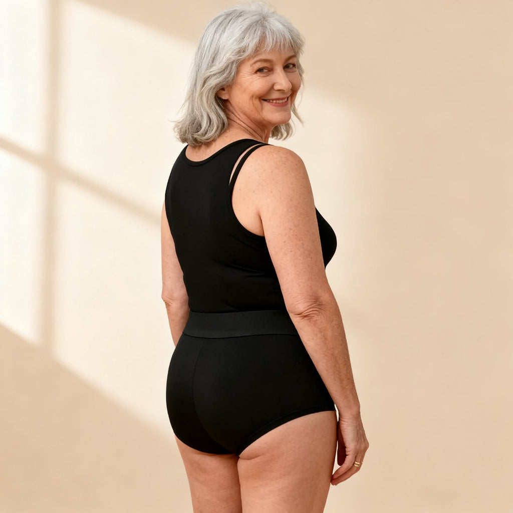 Back view showing the full coverage of the Dried Angels high-waisted panty