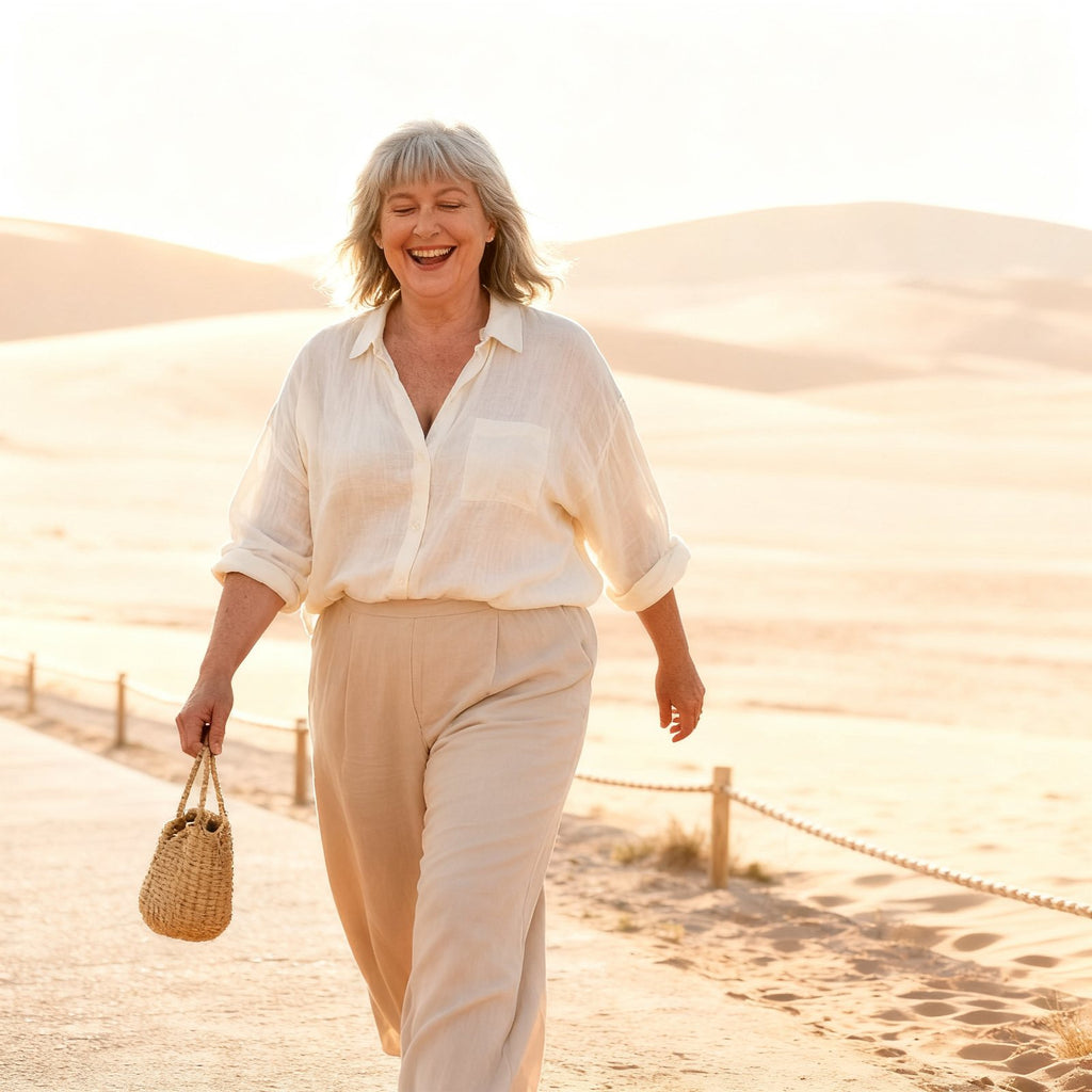 Smiling woman in her sixties walking outdoors in linen clothes