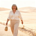 Smiling woman in her sixties walking outdoors in linen clothes