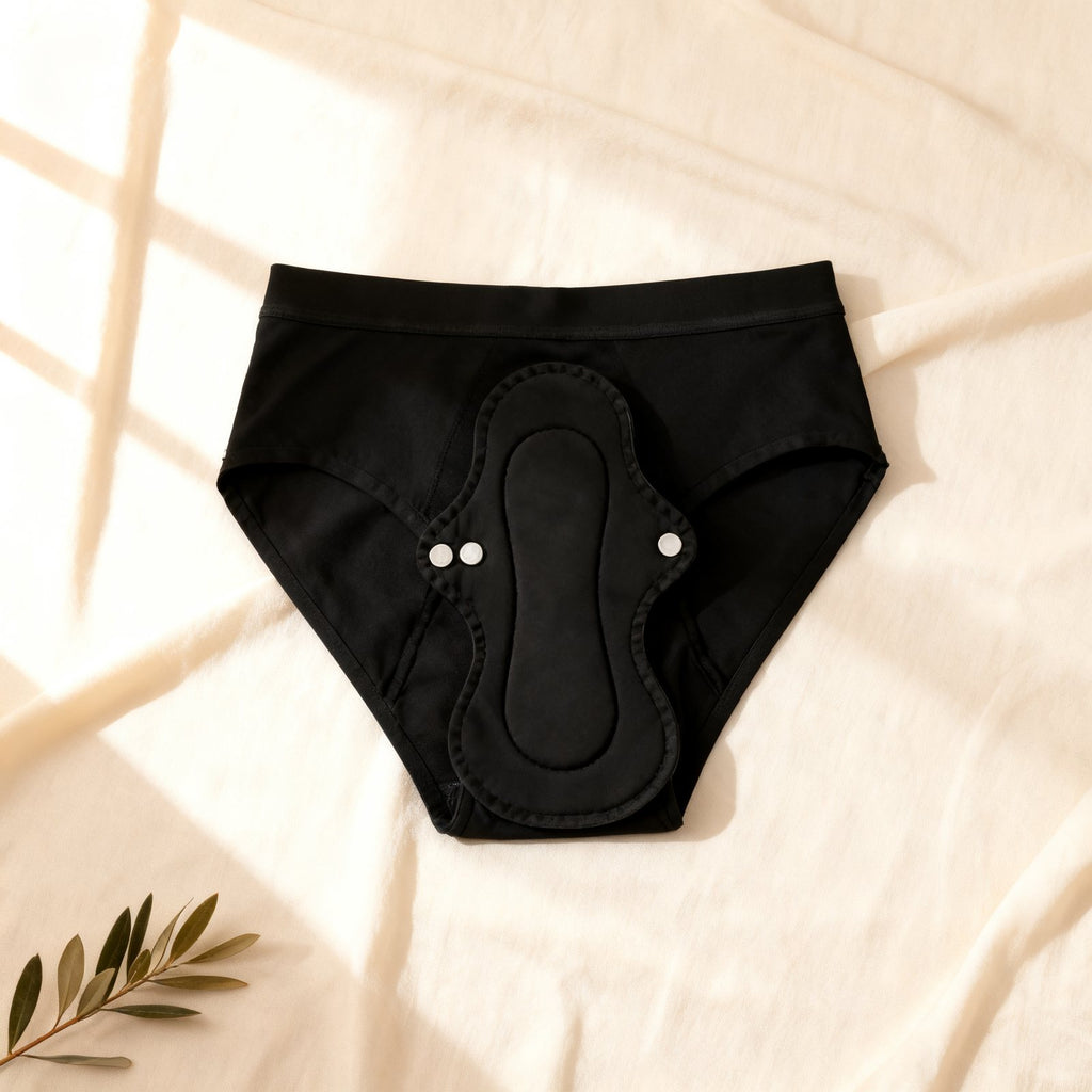 Reusable absorbent pad snapped inside the Dried Angels panty